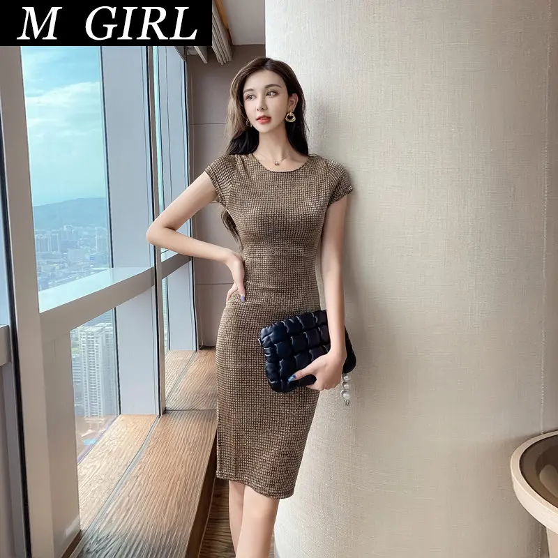 M GIRLS  Summer new women's dress temperament slim show thin buttock short sleeve round collar party high waist buttock tight