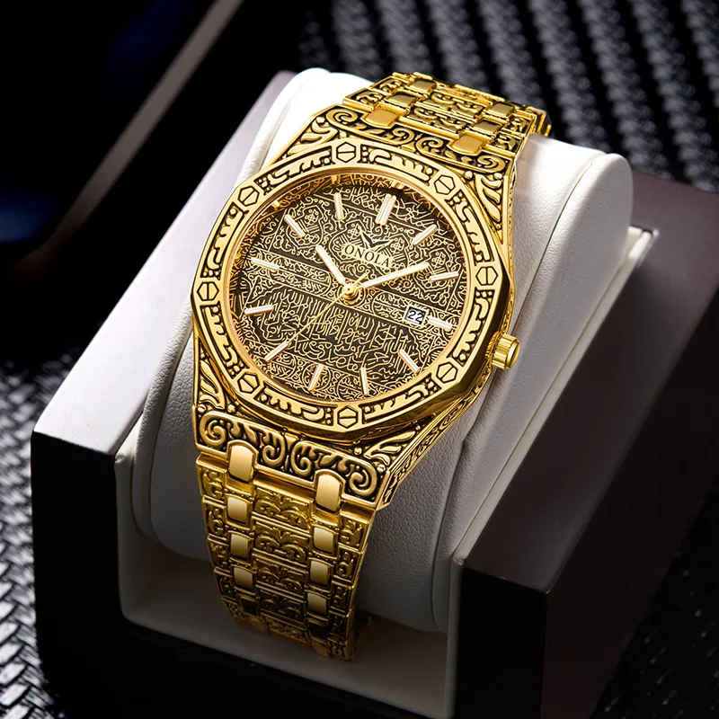

Quartz Male`s Watch Business Gold Watchs For Men Vintage Retro Design Charming Carved Case Day Date Dial Reloj de hombre vintage
