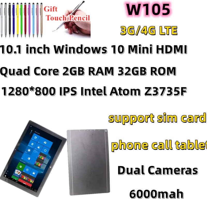 

10.1inch Windows 10 W105 Tablet PC Quad Core 2G RAM 32G ROM 1280*800 IPS Support WIFI 3G/4G Lte Sim Card Mobile Internet
