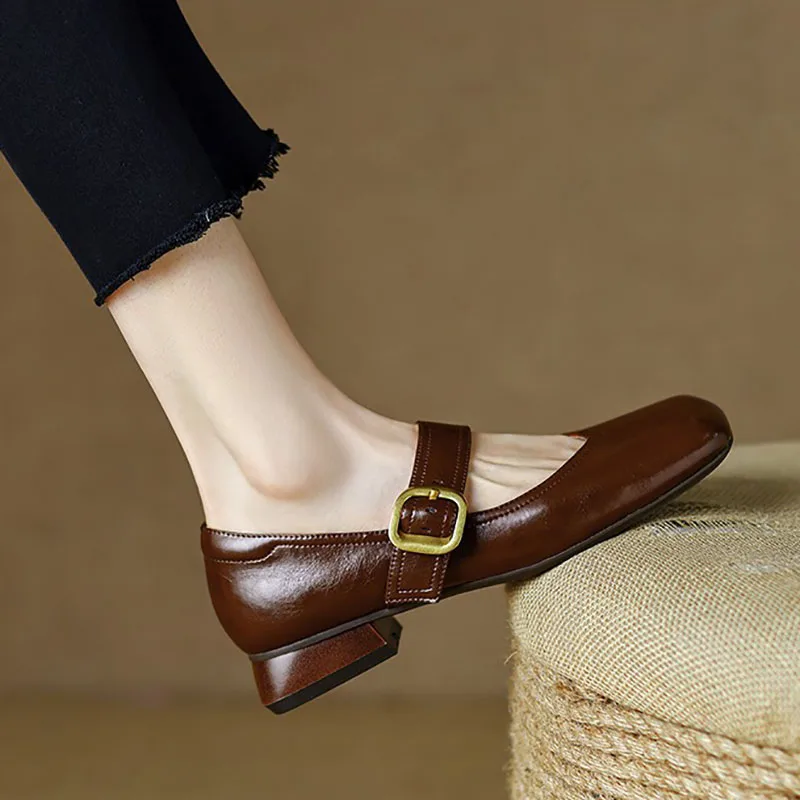 

New Flashion Women's Flats Vintage Mary Jane Shoes Square Toe Low Heels Dress Shoes Buckle Strap Leather Shoes for Female