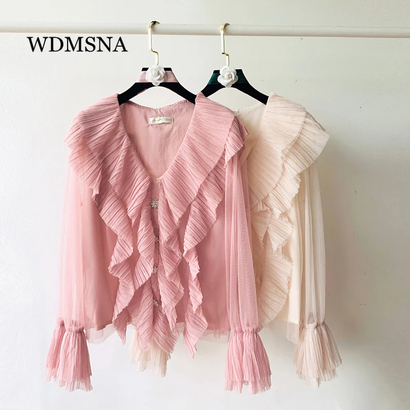 

WDMSNA French V-neck Pleated Blusas Ruffled Lace Ladies Shirt Loose Palace Style Korean Vintage Blouse Women Long Sleeve Top