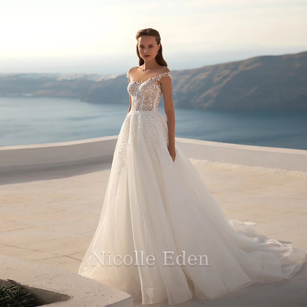 

Nicolle Eden Cap Sleeve Vintage A Line Wedding Dresses For Women Lace Appliques Tulle Gown Vestido De Casamento Custom Made