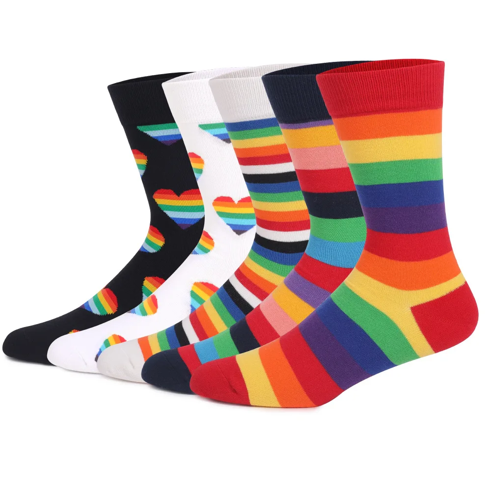 

5 Pairs Fashion Long Socks Women Cotton Socks Rainbow Stripe Color Large Size Funny Heart Novelty Socks for Men Size 42-48