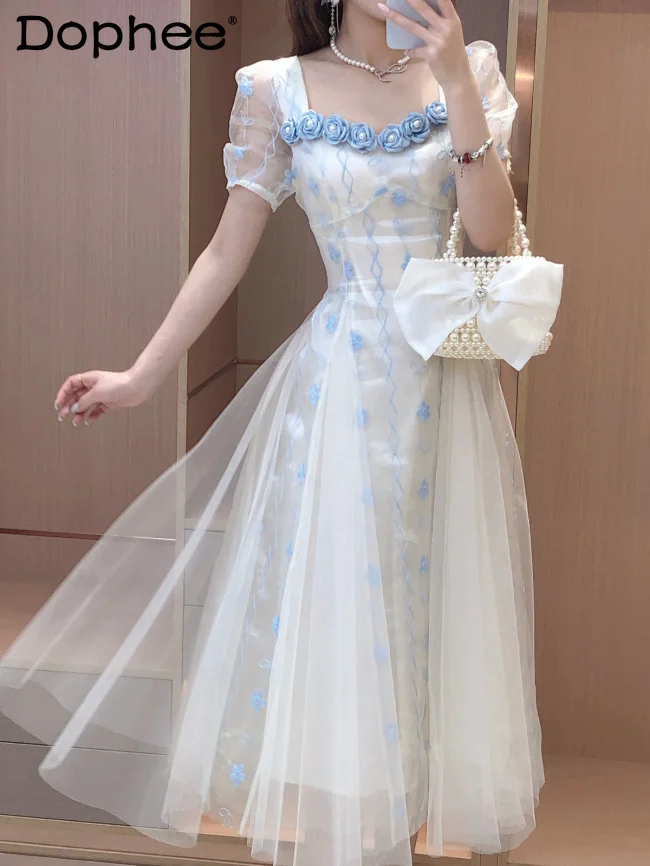 

Three-Dimensional Flower Stitching Embroidered Mesh Dress for Women Sweet Temperament Square Collar 2022 Summer New Dresses