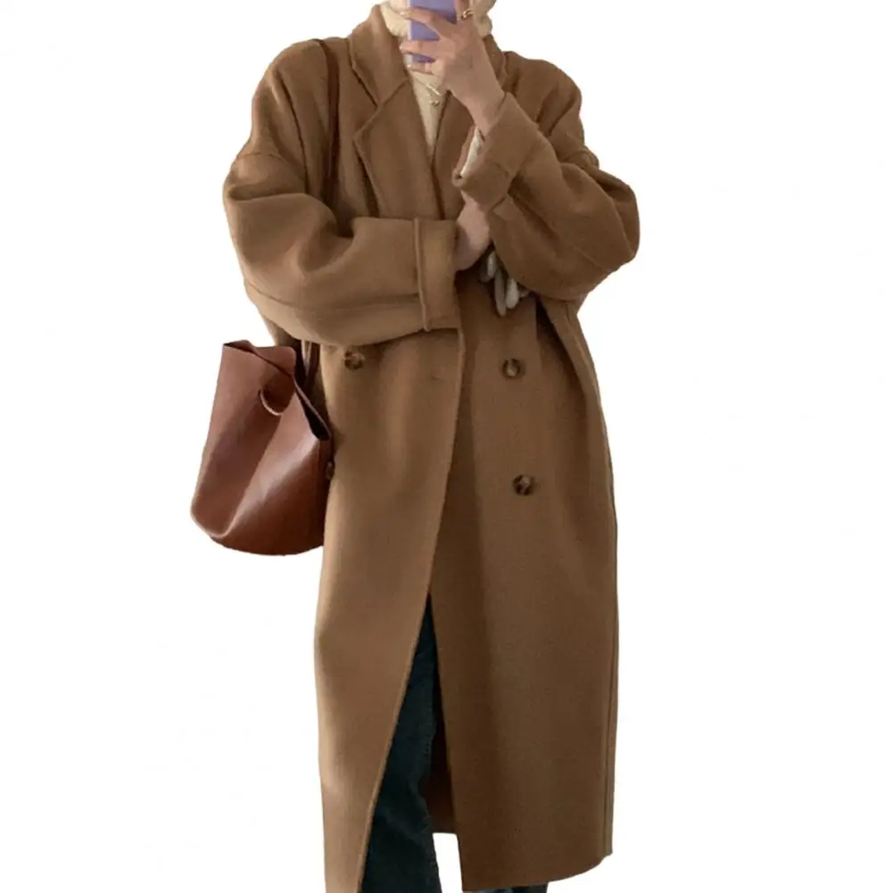 

Mid-calf Length Women Coat Stylish Women's Winter Woolen Coat Long Double-breasted Trench with Lapel Collar Pockets Warm Chic