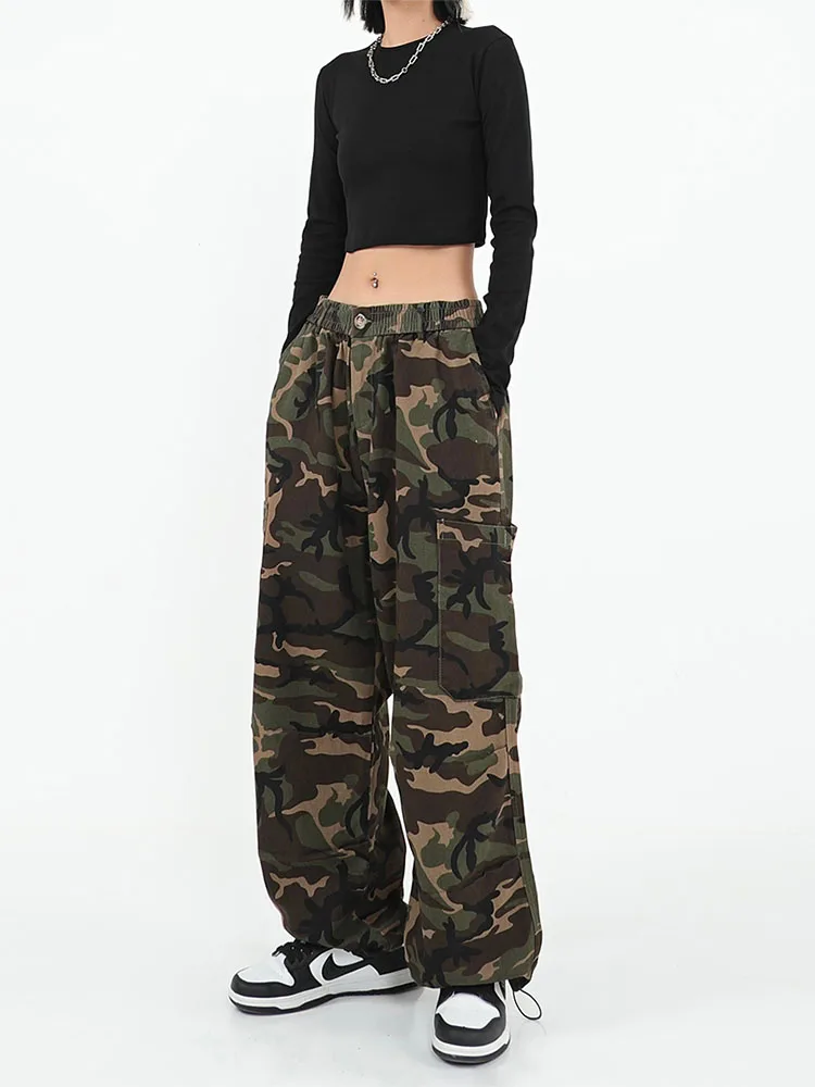 

2022 Camouflage Women Cargo Pants Elastic Waist Hip Hop Sweatpants Unisex Joggers Trousers Vintage Pockets Wide Leg Pant