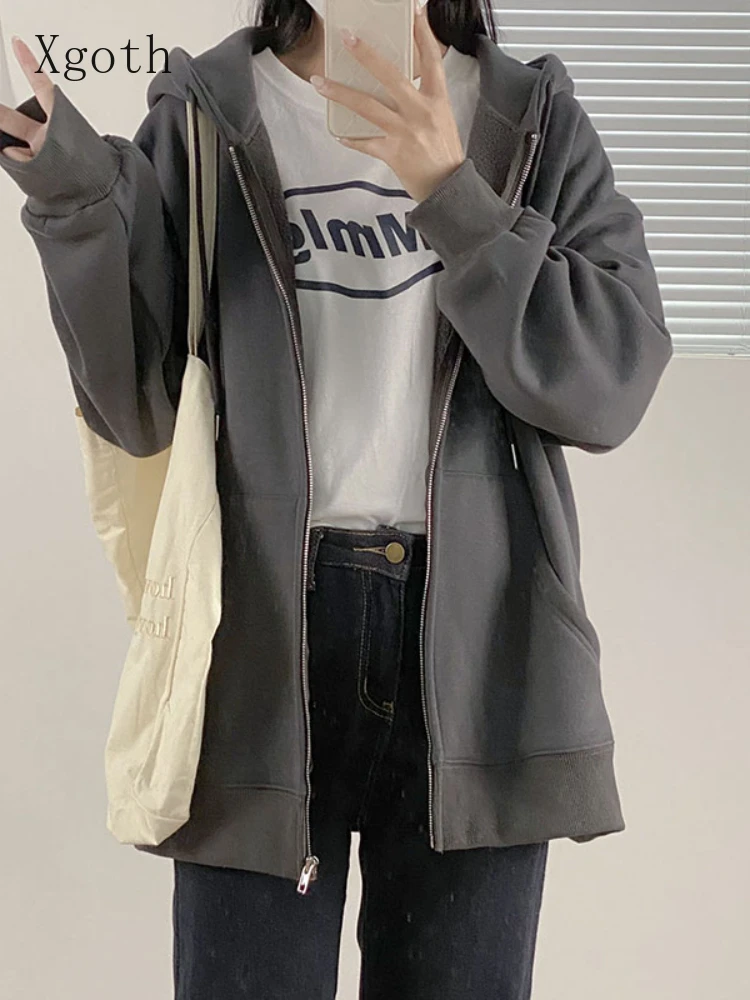Женский свитшот Xgoth темно-серого цвета на весну и осень 2022 уличная куртка молнии