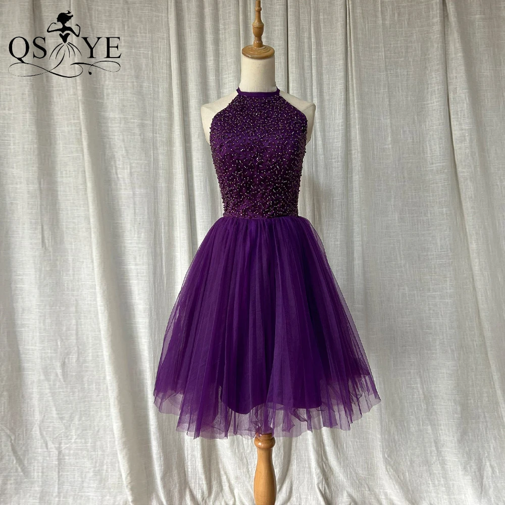 

Grape Tulle Short Homecoming Dress Halter Neck Beads Bodice Prom Cocktail Gown A line Keyhole Open Back Purple Party Dress