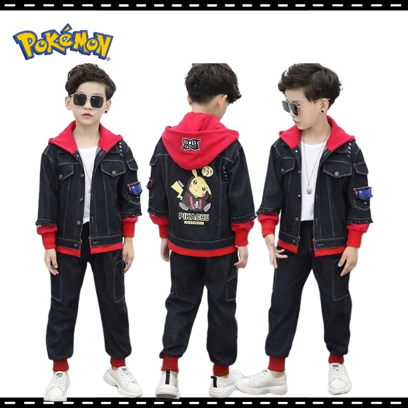 

Anime Peripherals Pokemon Pikachu Children Suits Boys Spring and Autumn Boys Fashion Cowboys Two Pieces Clothes Gifts