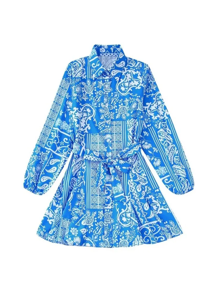 

Женское мини-платье с отложным воротником PB & ZA, винтажное модное платье с длинным рукавом и принтом, лето 2022