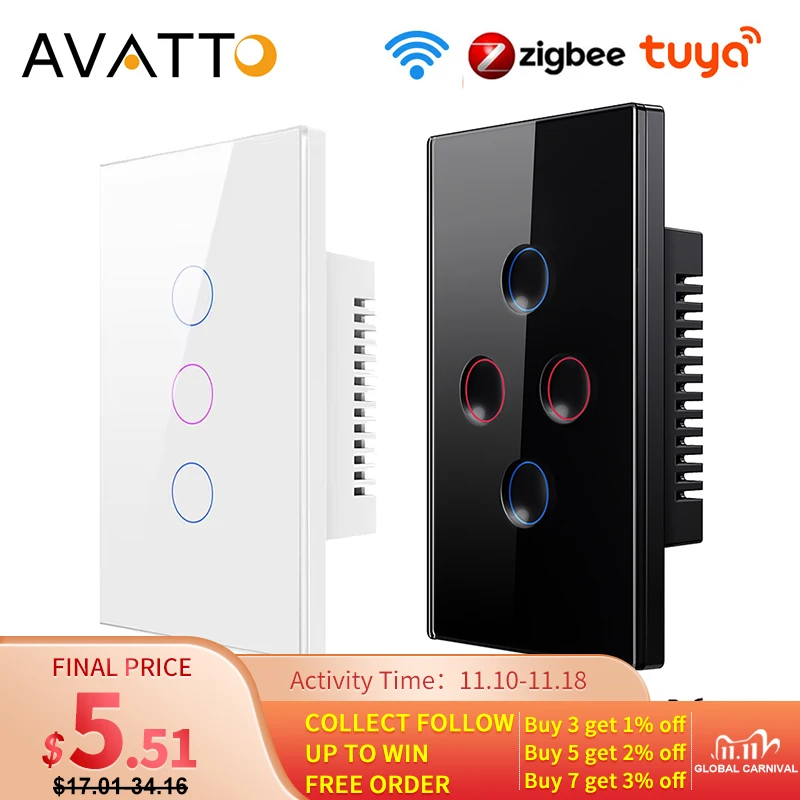 Умный сенсорный выключатель AVATTO Tuya WiFi/Zigbee, выключатель с ...