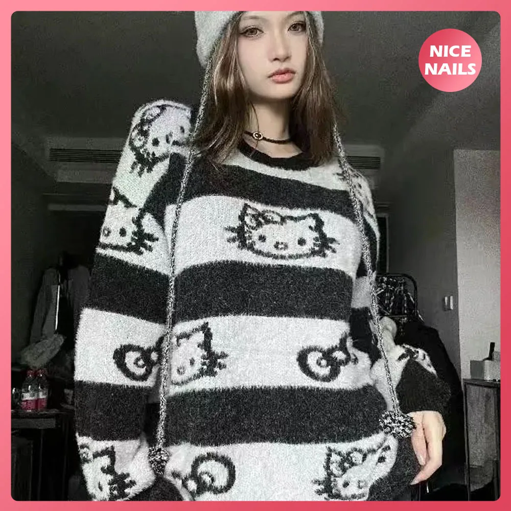 

Kawaii Hello Kitty Sweater Pullover Autumn Winter Loose Stripe Fashion Long Sleeve Casual Black Pink Y2K Knitwear Girl's Gift