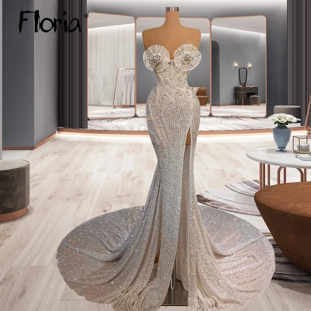 

Luxury Arabic Mermaid Pearls Wedding Gowns Hight Split Beaded Sequin Sparkly Bride Bridal Dresses Custom Made Vestido De Novia