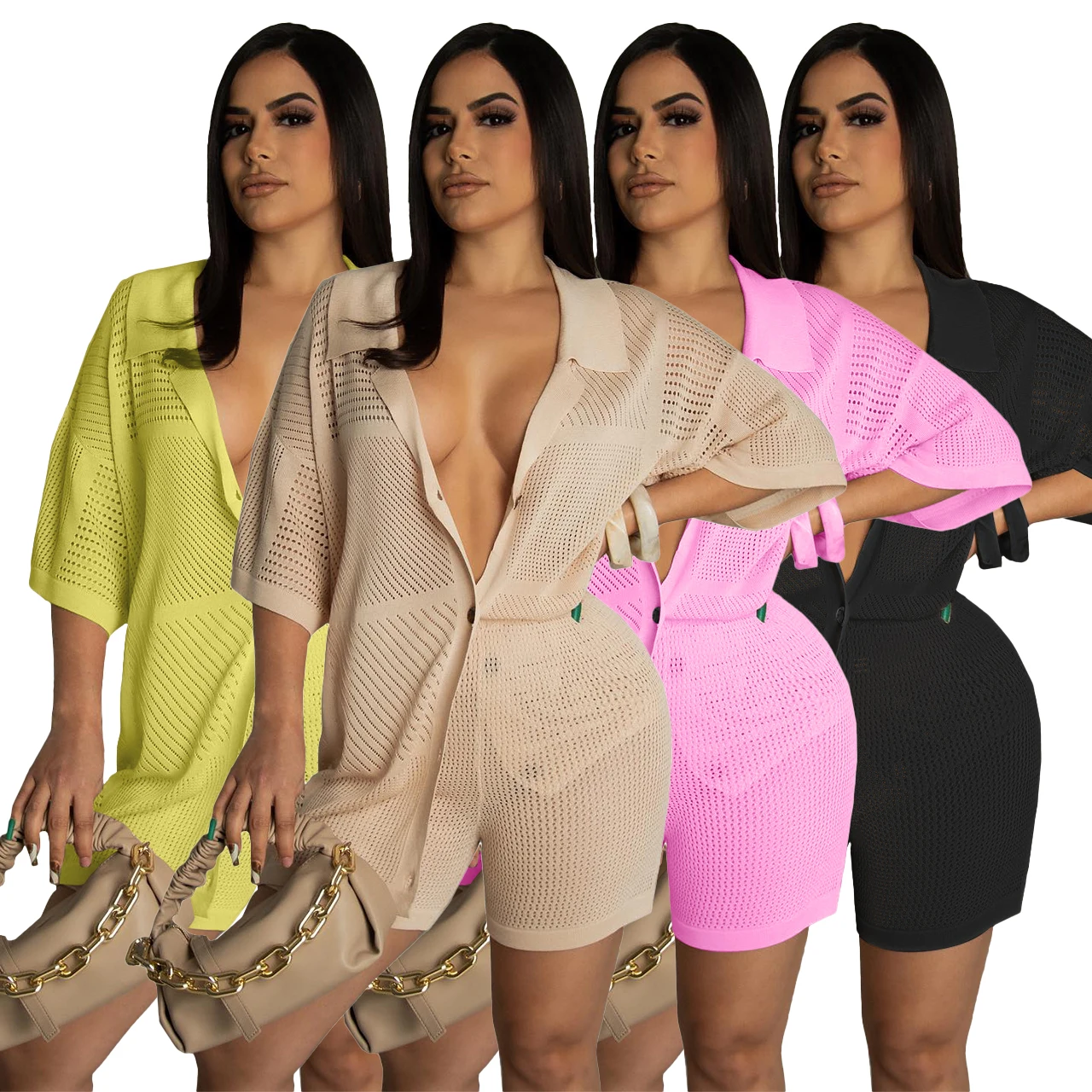 

Summer Autumn Fashion Knitting Women Cardigan Shorts Two Pieces Set Button Loose Tops Casual Party Shorts Suit