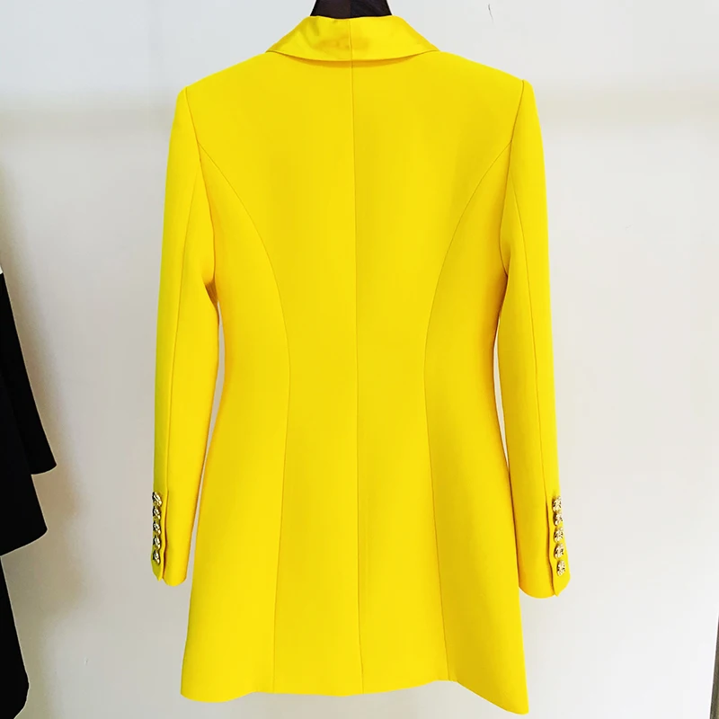 HIGH QUALITY Newest 2023 Designer Long Blazer Lion Buttons Double Breasted Satin Shawl Collar Blazer Dress Fluorescent Yellow