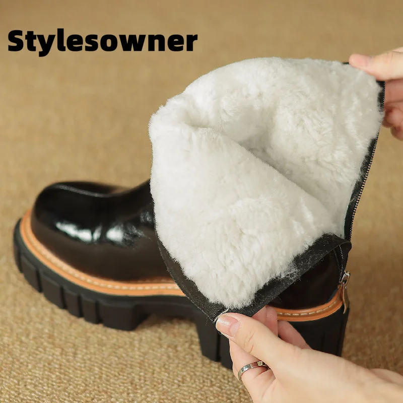 

Winter Warm Women's Ankle Boots 2023 Simple Genuine Leather Wool Thick Heel Back Zipper Shoes Fashion And Comfortable Snow Boots