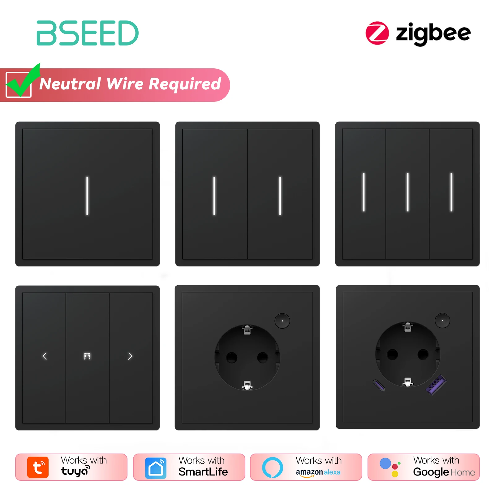 Фото Кнопочный переключатель BSEED Zigbee 1/2/3/4Gang 2Way Smart EU Socket Пластиковая панель Smart Click Switch Tuya Smart Life Alexa Голосовое управление №1