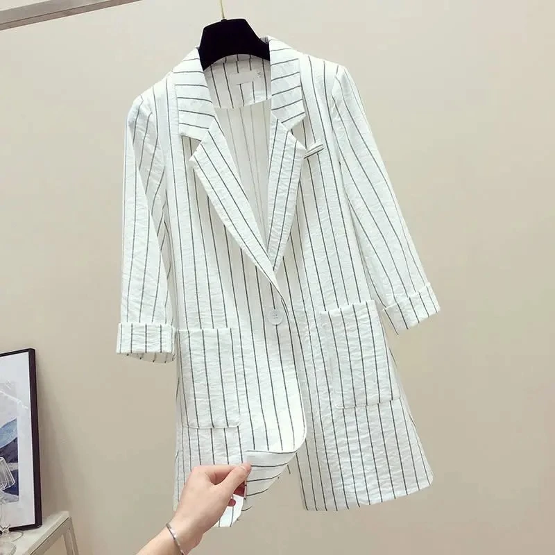 

Spring Summer stripe Single Button Women Jacket Blazer Casual Suit Notched Collar Slim Female Suits Lady Coat Fashion Top Blazer