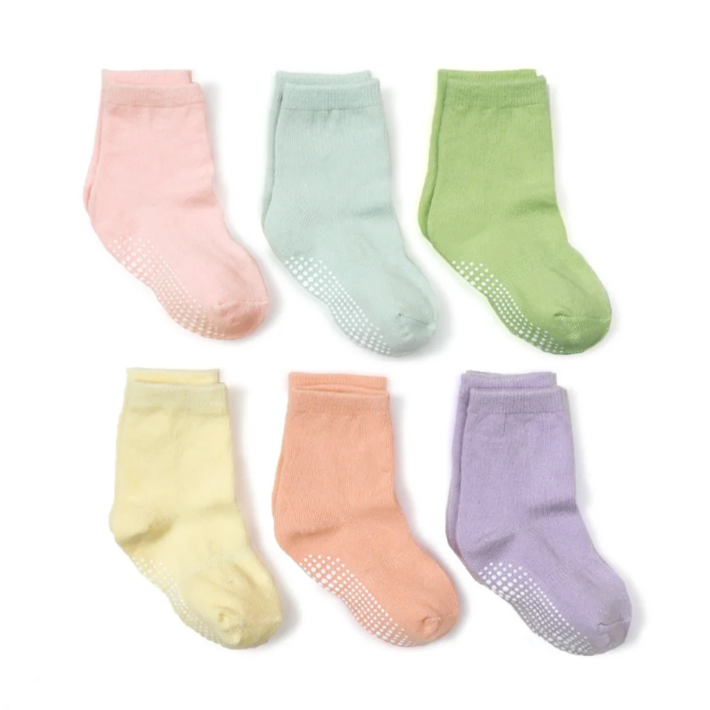 Baby Girls' 6 Pack Floor Socks Kids 1-5Years Spring Autumn Solid Color Toddler Non-Slip Grip Ankle Color Organic Cotton Sock