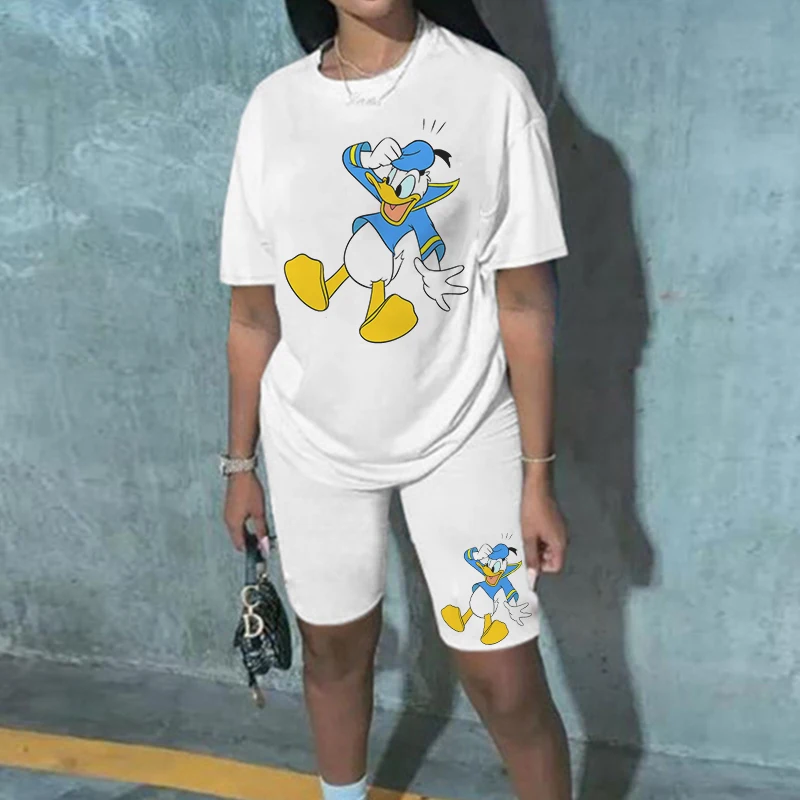 

Two Piece Sets Summer Casual Short Sleeve T Shirts And Jogger Short Disney Donald Duck Printed Matching Set Fitness Women Outfit