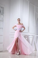 free shipping 2015 new design hot sexy flowers fashion a line brides long custom pink chiffon short sleeve sexy prom dresses