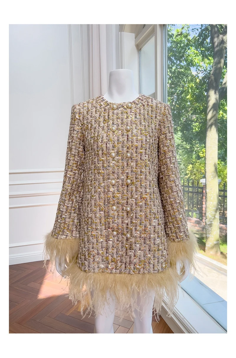 LingzhiWusis ранние зимние дизайнерские женские перья Лоскутные расклешенные рукава