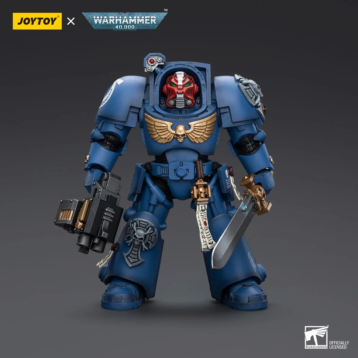 Фото JOYTOY Warhammer 40K 1/18 Фигурка Ультрамарины Терминатор Отряд Сержант с силовым мечом и телеспортом Фигурка Гомера Игрушки №2