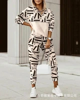 womens print pants set office lady two piece sets 2022 spring autumn new long sleeve pullover top high waist trousers suit
