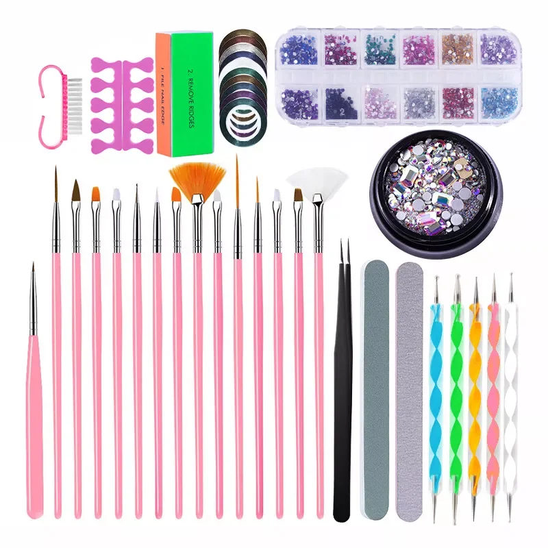 

Nail Art Tool Set Kit Rhinestones Decoration Pink Brushes Pens Dotting Files Buffer Manicure Striping Tape Stickers