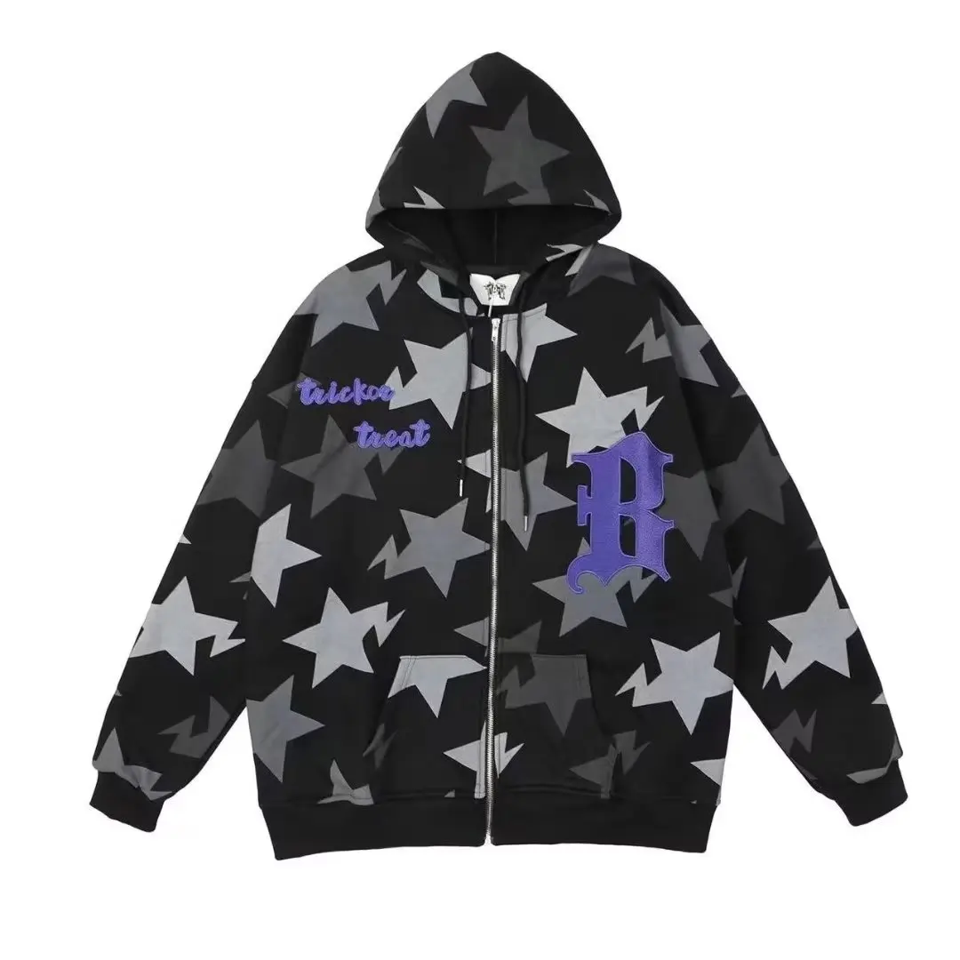 

Oversized full zip up over face Y2k Spark Star Hoodies Women Graffiti Coat Retro American Letter Print Loose Print Korea Cotton