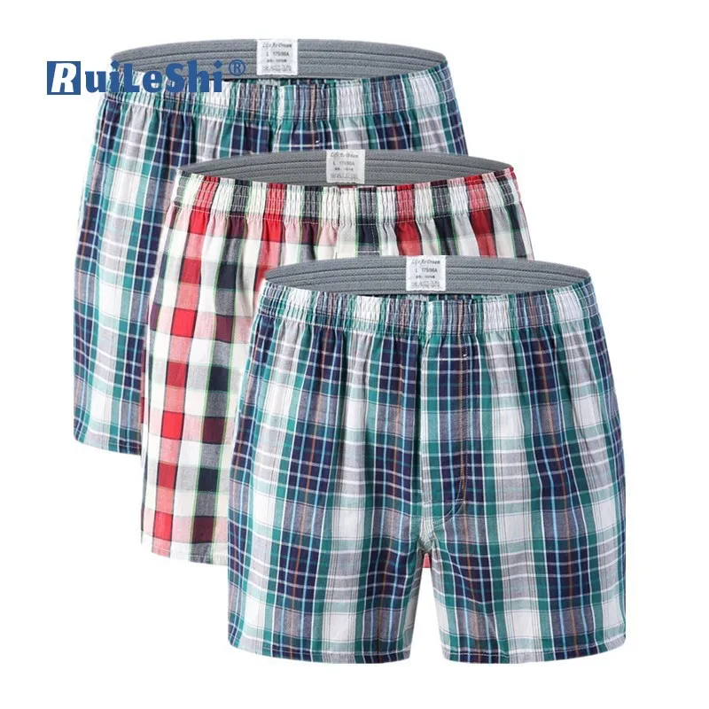 

Men's Boxer Shorts Woven Cotton 100% Casual Plaid 50s Combed yarn male Underpant Loose Breathable Elastic Waist Man Underwear