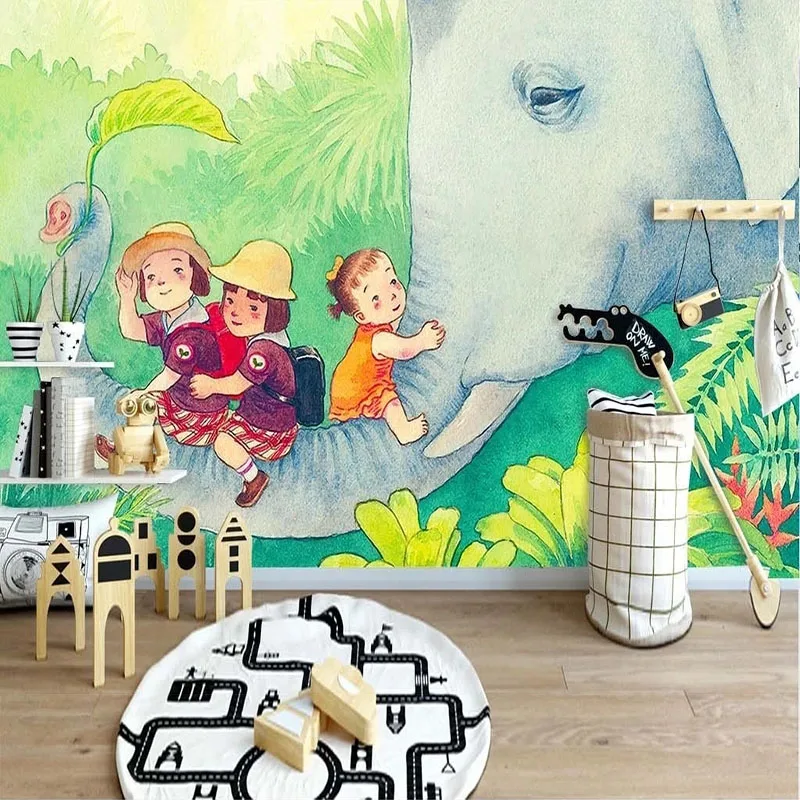 Custom Hand-Painted Cartoon Elephant Children's Room Background Wall Decorative Painting Backdrop Sticker Papel De Parede Tapety