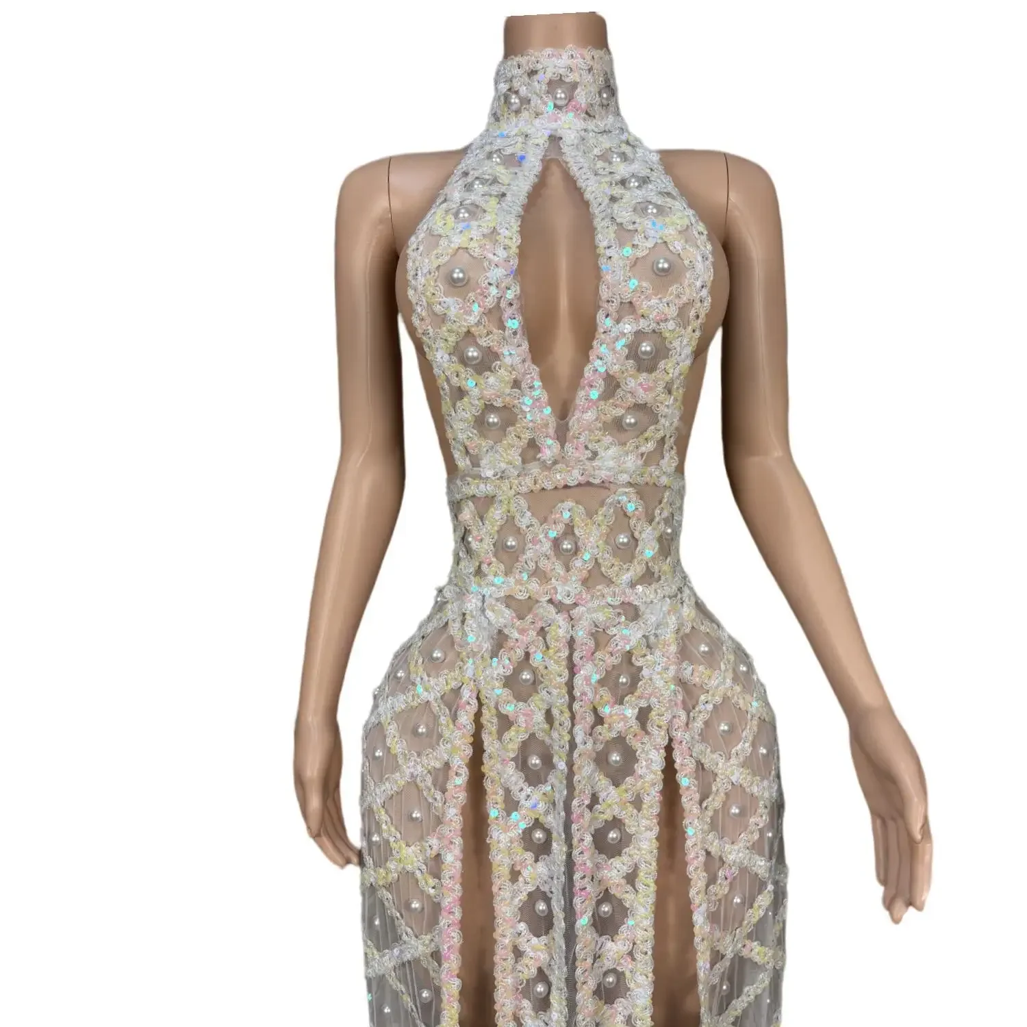 2024 Сетчатое жемчужное платье с открытой спиной для женщин высоким разрезом Pron Gown