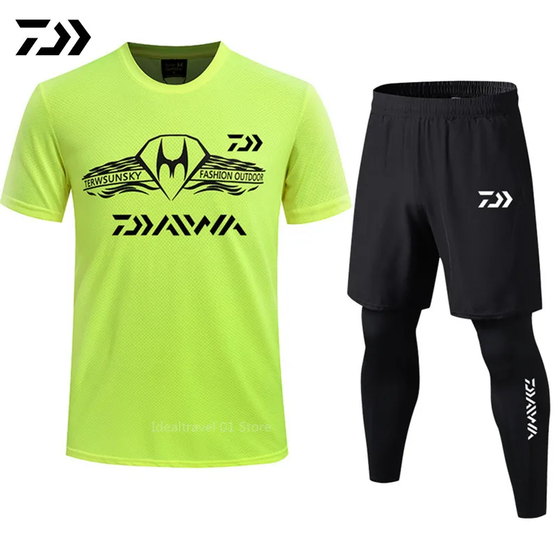 

Daiwa Fishing Fake Two Pieces Pants Suit Men Summer Breathable Short Sleeve Shorts 2-piece Set Men Outdoor Quick-drying Clothes