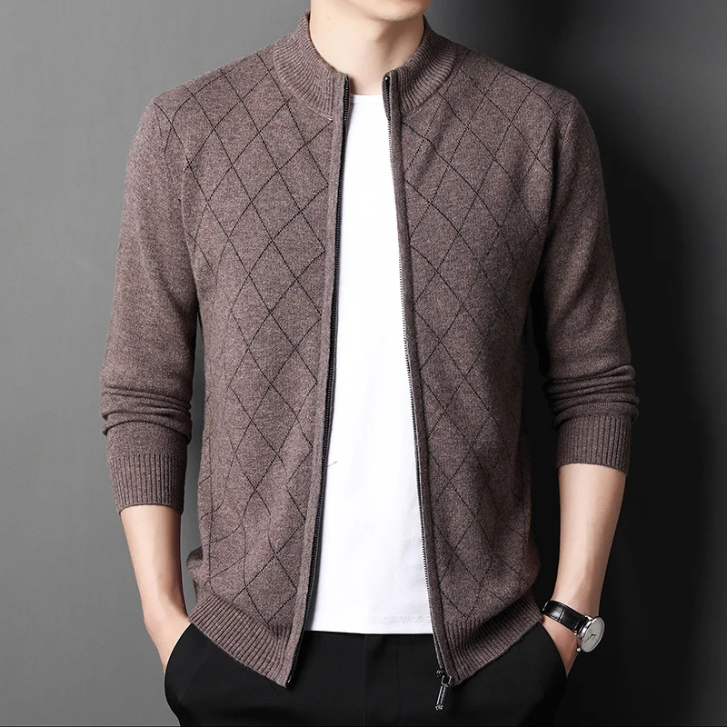 men's Winter sweater 100% pure wool diamond jacquard cardigan middle-aged and young people thickened sweater coat