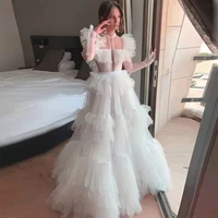 white puffy ruffled tulle wedding formal dresses full sleeves a line prom downs vestidos de fiesta vestidos de novia robes de