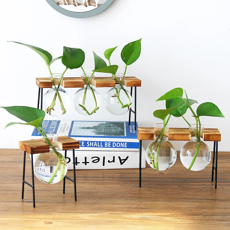 Glass Bottle Vase Hydroponic Plant Transparent Vase Wooden Frame Coffee Shop Room Decor Table Desk Decoration Vase terrarium