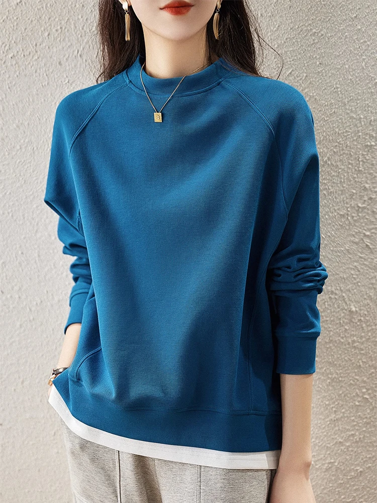 

BOBOKATEER Top Femme Round Neck T-Shirt Contrast Trim Hem Casual Loose T Shirt Camiseta Mujer Long Sleeve Sweatshirt Top Woman