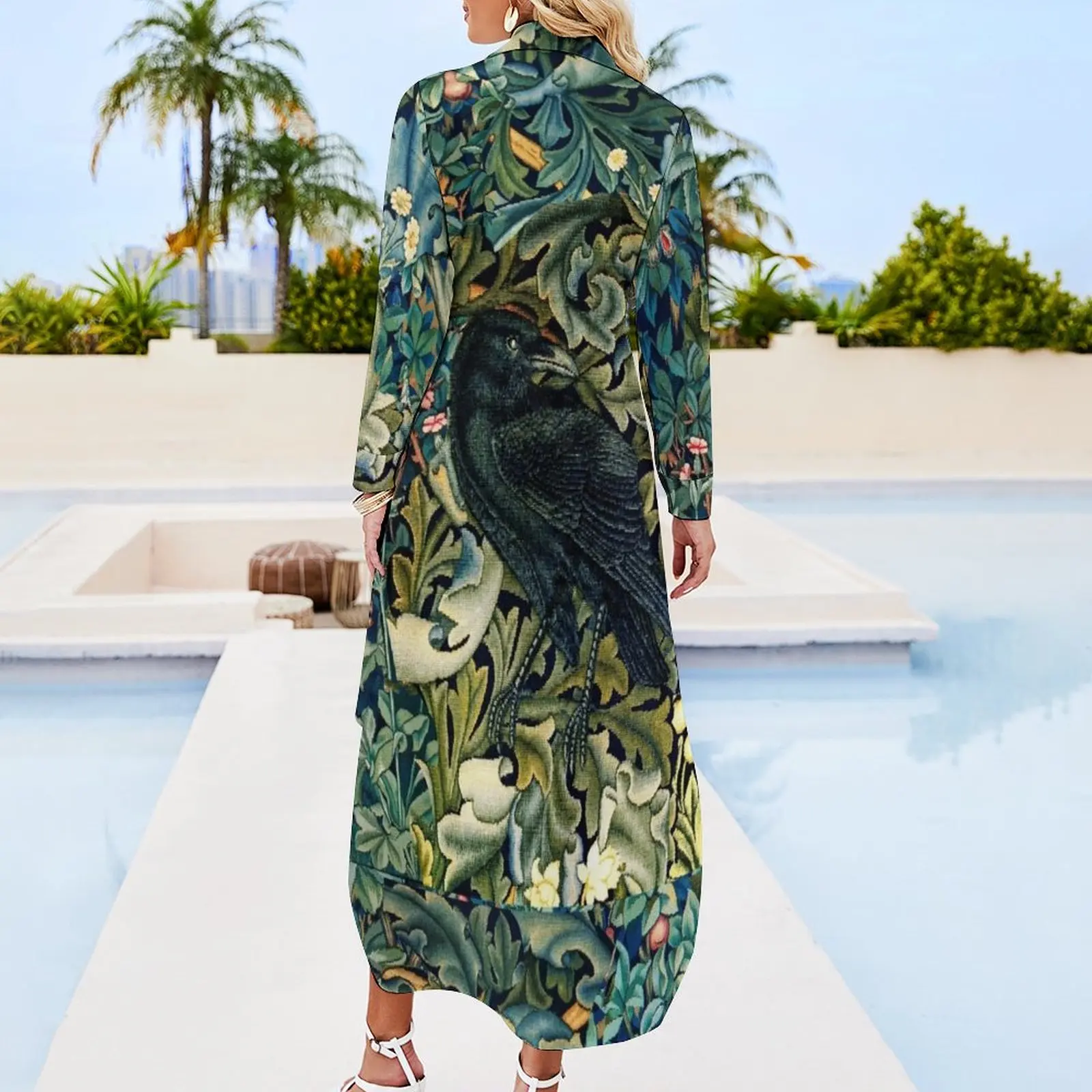 Зелень Животные леса Ворон на акантусе листья синего зеленого цветов рубашка с