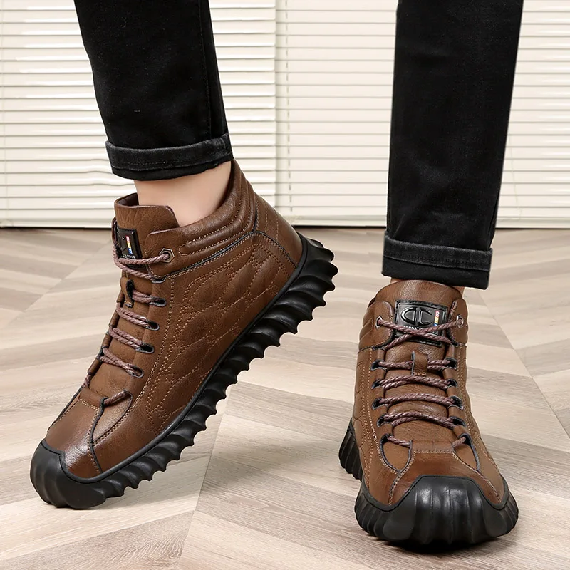 Leather Winter Snow Boots Mens Sneakers Wool Keeps Warm Outdoor Camping Hiking Sports Shoes Casual Sneakers Male Winter Footwear