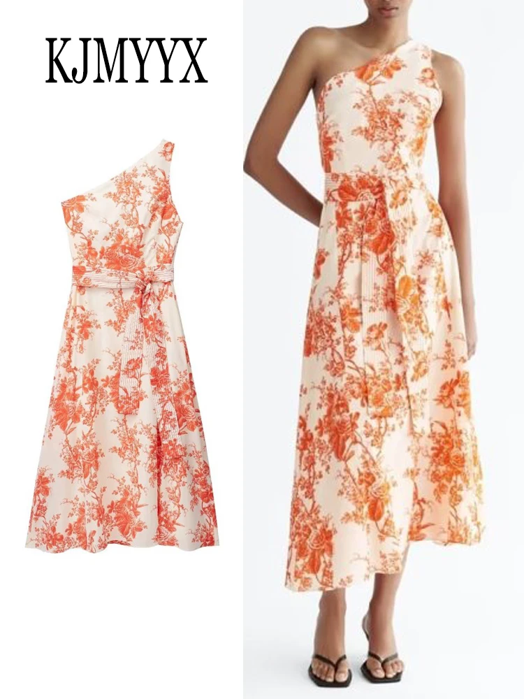 

KJMYYX, Новинка лета 2023, женское модное Асимметричное Платье с принтом и поясом, женское элегантное облегающее платье с открытыми плечами без р...