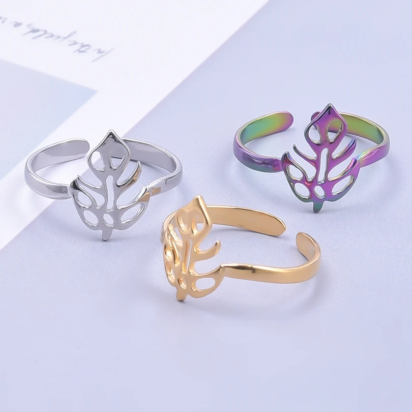 

Simple Korea Fashion Adjustable Stainless Steel Rings For Women Men Accessories Plant Leaf Charm Ring Open Finger Jewelry Bague