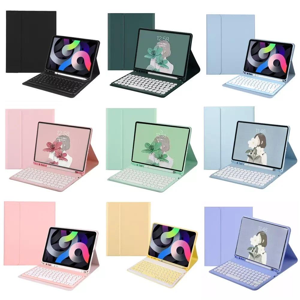 

Беспроводной чехол для клавиатуры с Bluetooth, Встроенный держатель для карандашей, круглый чехол-книжка для клавиатуры, умный чехол, съемная по...