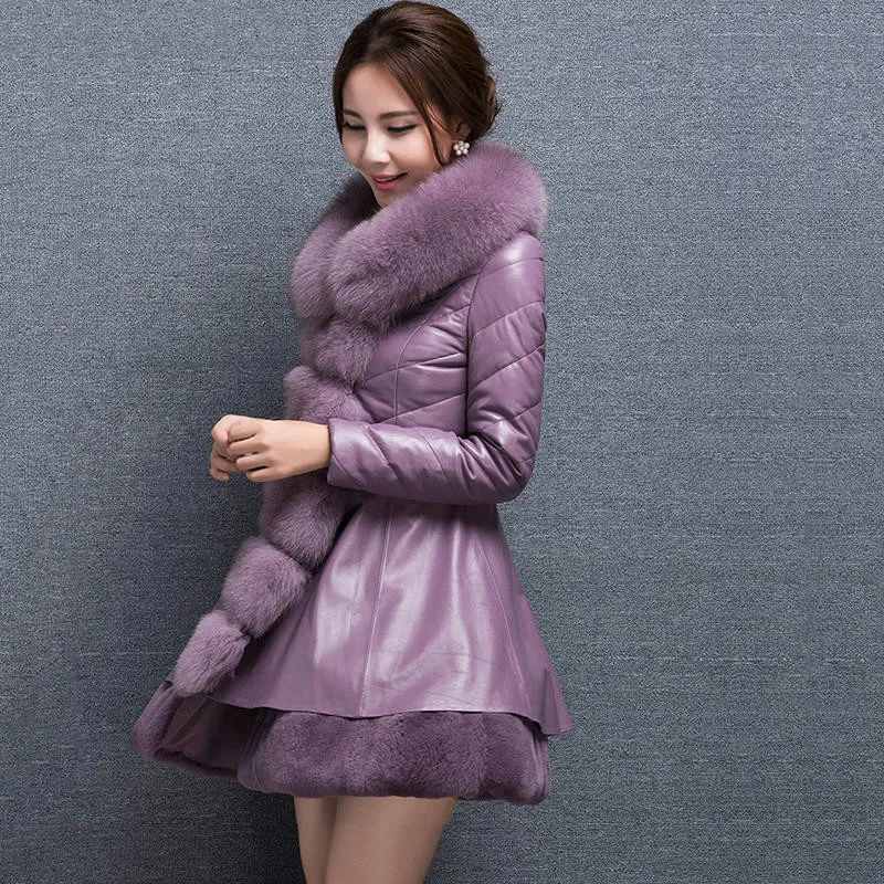 PU Leather Jacket High Quality Faux Fox Fur Collar Sheepskin Leather Jacket Women Skirt Coat White Down Women Jacket Winter