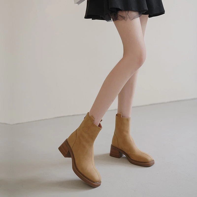 

2023 Spring Autumn Women Chelsea Boots New Knee High Modern Boots Female Round Toe Square Heels Shoes Ladies Ankle Short Shoes