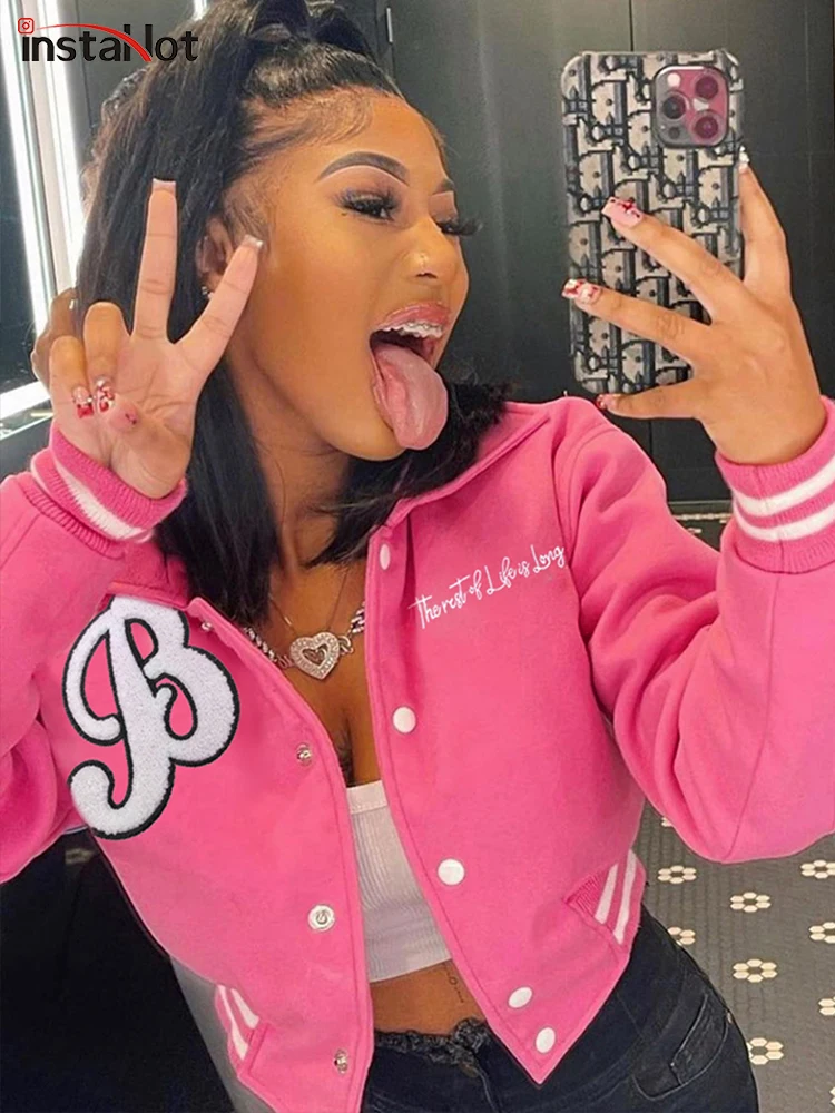 

InstaHot Autumn Winter Women Bomber Jacket Short Outerwear Letter Embroidery Button Coat Casual Panty Streetwear Thick Outerwear