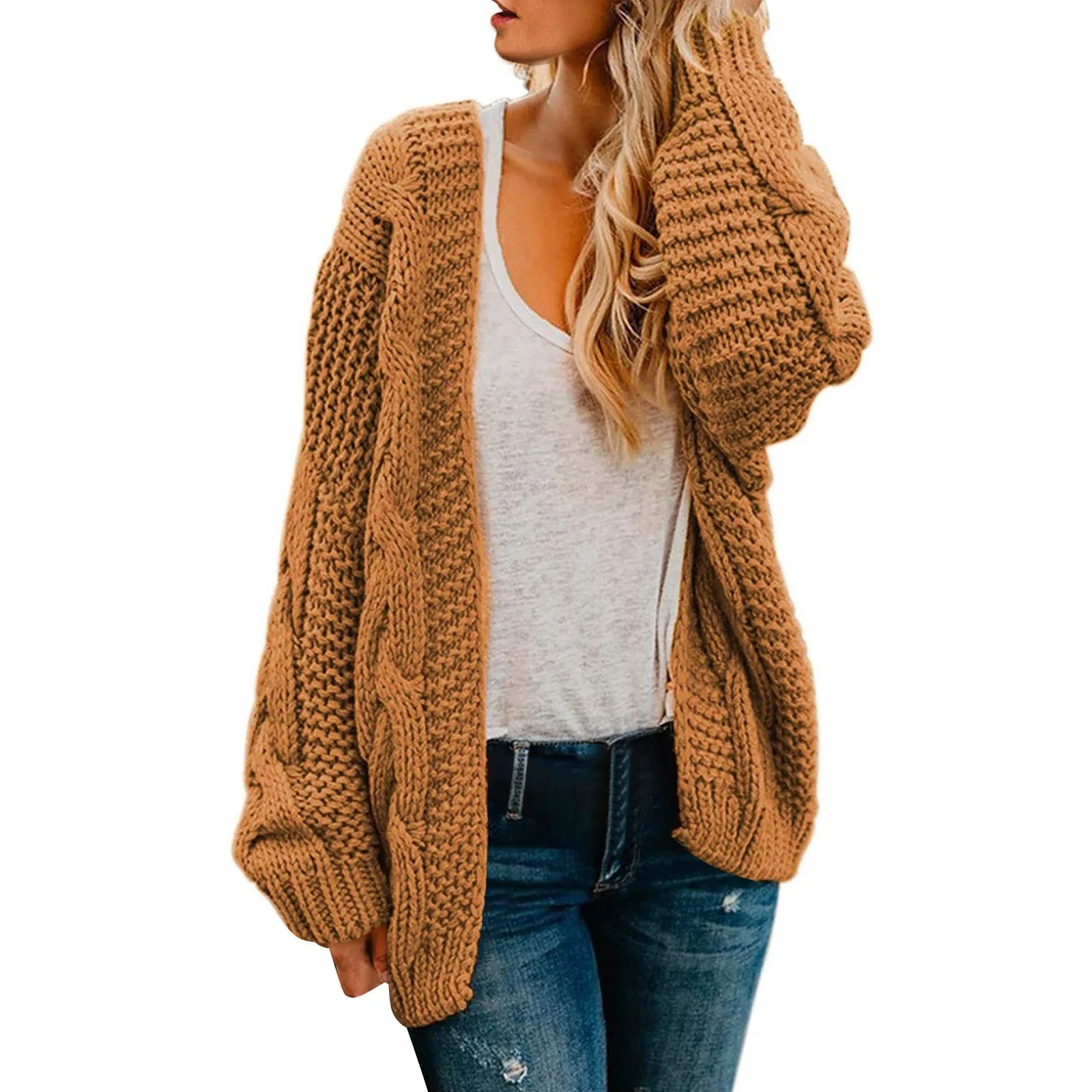 

Женский трикотажный кардиган средней длины с длинными рукавами