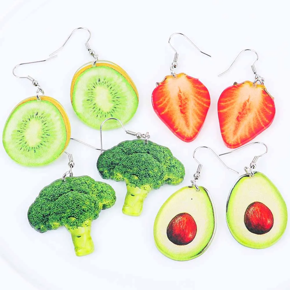 

New Fashion Fruits Vegetables Acrylic Print Drop Earrings for Women Mushroom Cauliflower Avocado Strawberry Kiwi Earring Jewelry