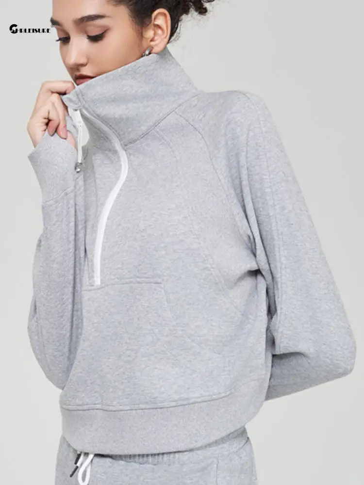 

CHRLEISURE/свитшот с воротником-стойкой на молнии, женский свободный спортивный топ с длинными рукавами, куртка для фитнеса с пуговицами на пальце, спортивная одежда