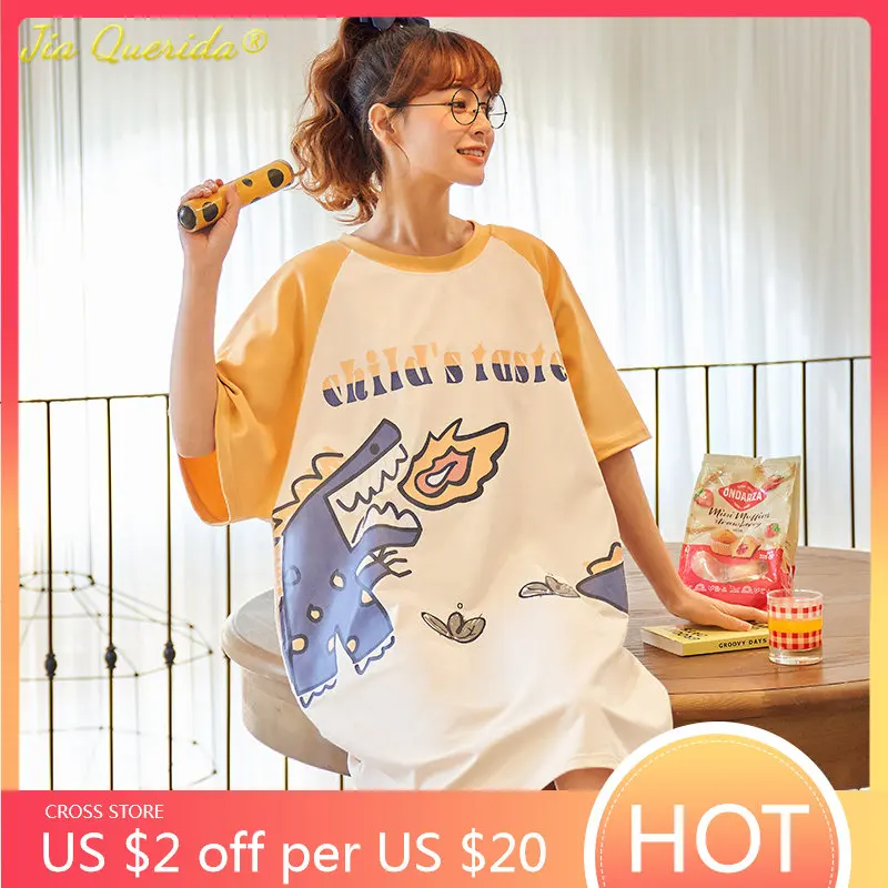 

New Summer Kawaii Style M-3XL Women Nightdress Knitted Cotton Round Collar Night Skirt Cartoon Dinosaur Printing Loose Nightgown